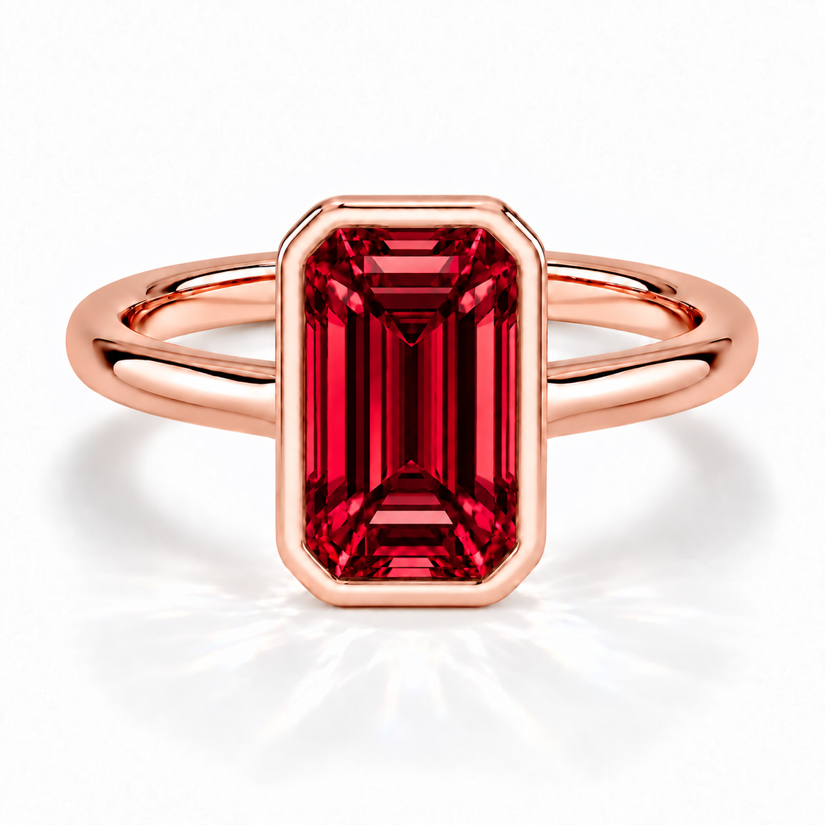Gia Verlobungsring mit rotem Laborrubin im Emerald-Schliff und Bezel-Fassung in Roségold – Frontalansicht auf weißem Hintergrund