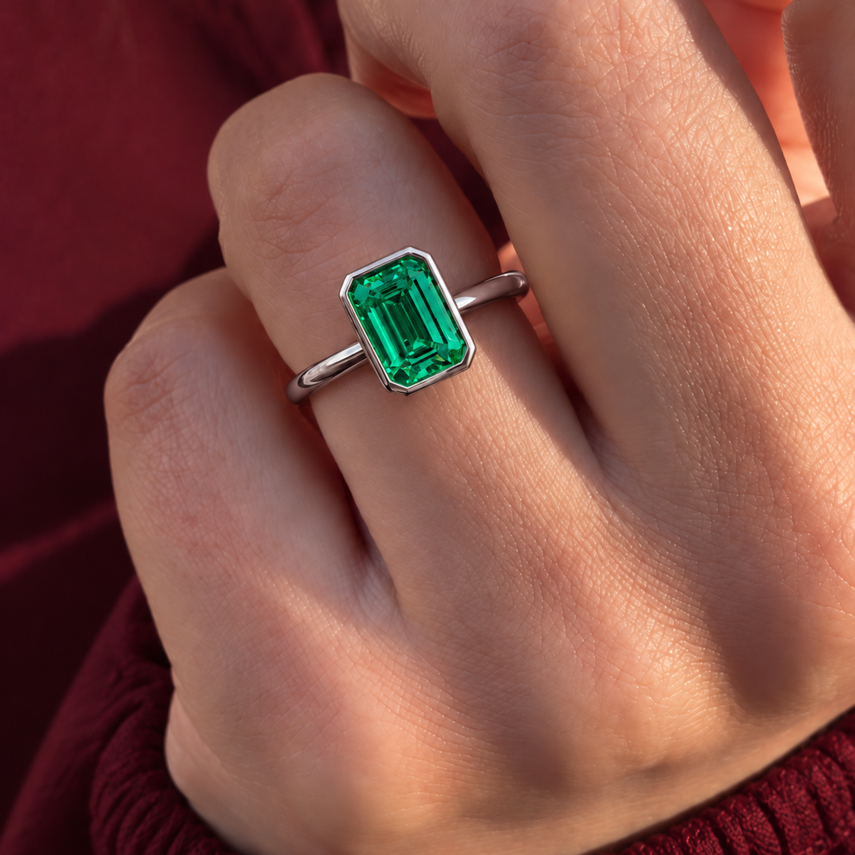 Gia Verlobungsring mit grünem Laborsmaragd im Emerald-Schliff und Bezel-Fassung in Weißgold – Nahaufnahme am Finger