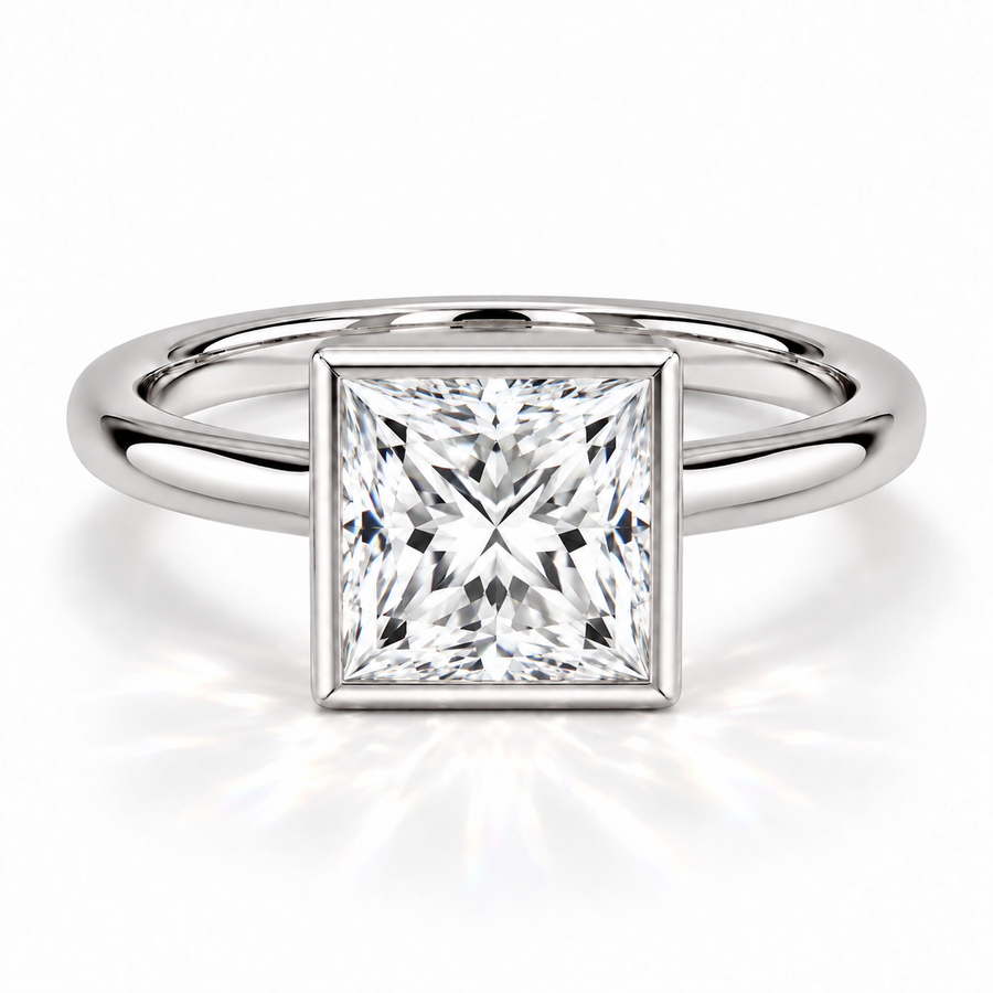 Princess-Cut Bezel-Verlobungsring aus Weißgold mit Labordiamant