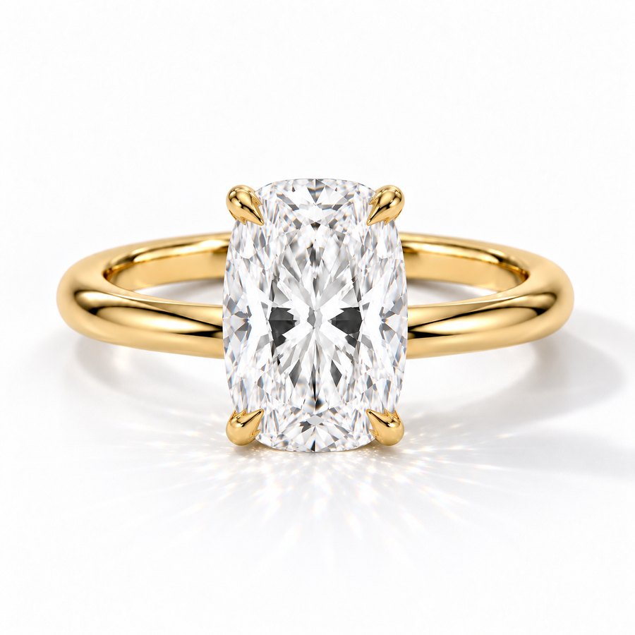Cushion Verlobungsring aus Gelbgold mit Labordiamant und Tulpenfassung