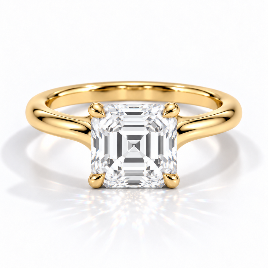 Asscher Verlobungsring aus Gelbgold mit Labordiamant und Cathedral-Fassung