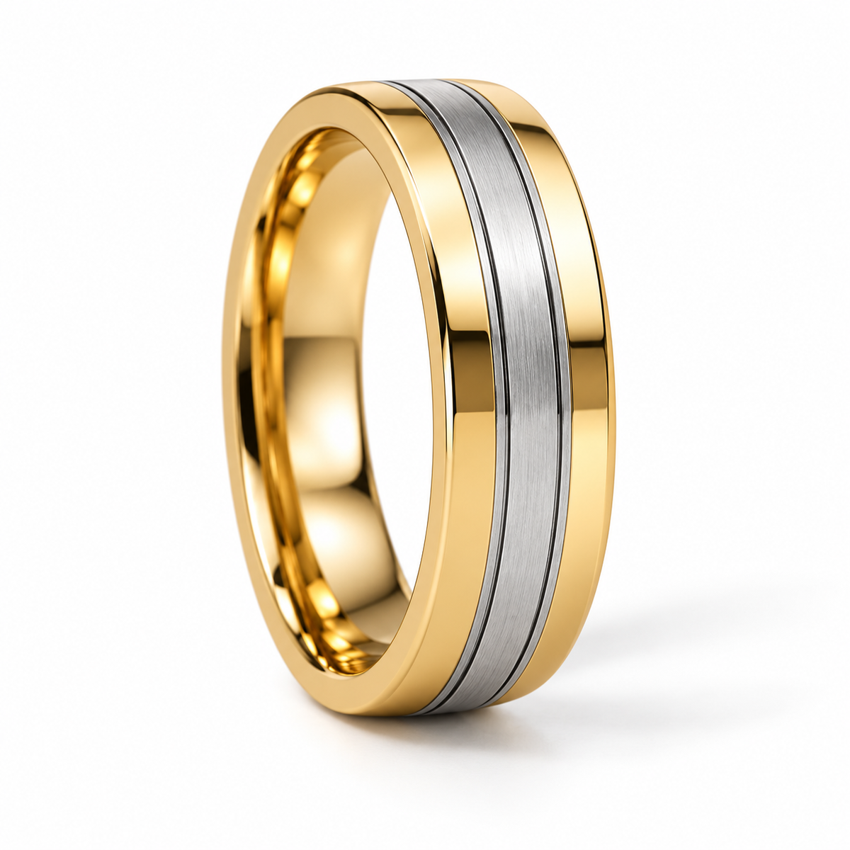 Levi Herren-Ehering Bicolor Gelbgold und Weißgold – gegenüberliegende Ansicht auf weißem Hintergrund