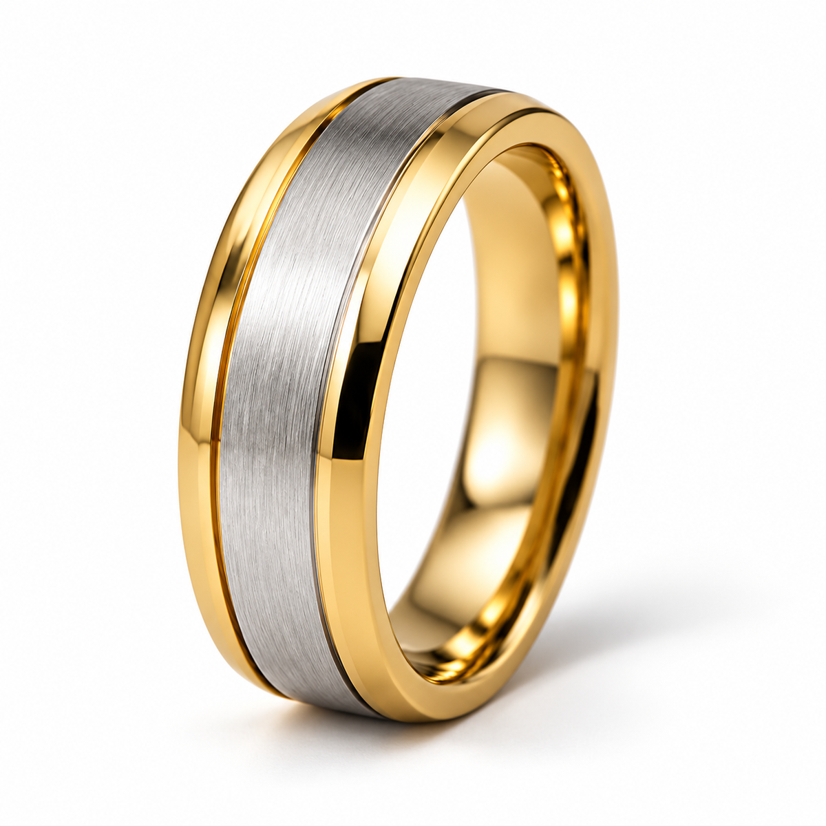 Matteo Herren-Ehering Bicolor Gelbgold und Weißgold – Dreiviertelansicht auf weißem Hintergrund