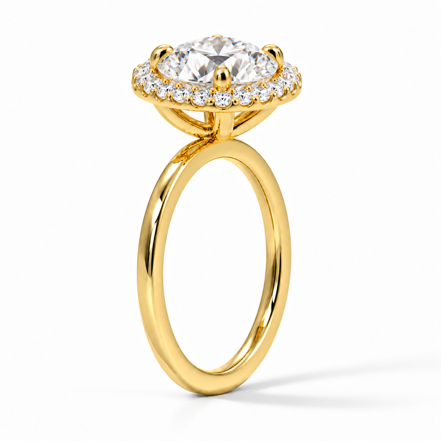 Seitenansicht: Runder Halo-Verlobungsring aus Gelbgold mit Labordiamant