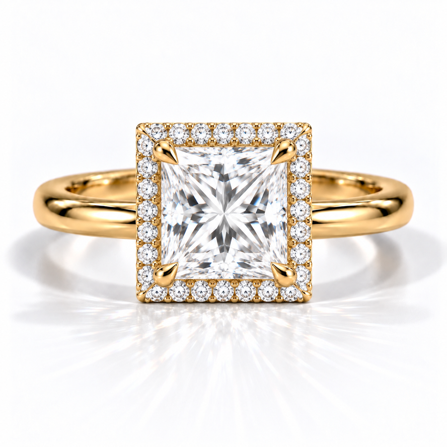 Princess-Cut Halo-Verlobungsring aus Gelbgold mit Labordiamant