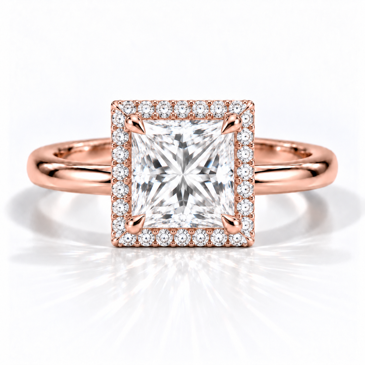 Princess-Cut Halo-Verlobungsring aus Roségold mit Labordiamant