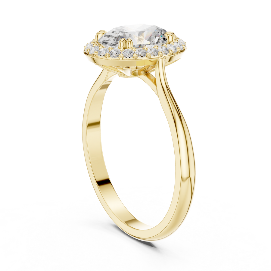 Seitenansicht: Ovaler Halo-Verlobungsring aus 14 Karat Gelbgold mit Labordiamant und Cathedral-Fassung