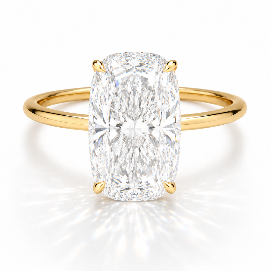 Cushion Verlobungsring aus 18 Karat Gelbgold mit Labordiamant und Galerieschiene