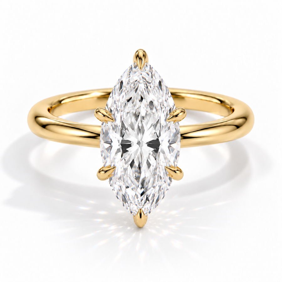 Marquise Verlobungsring aus Gelbgold mit Labordiamant und Galerieschiene