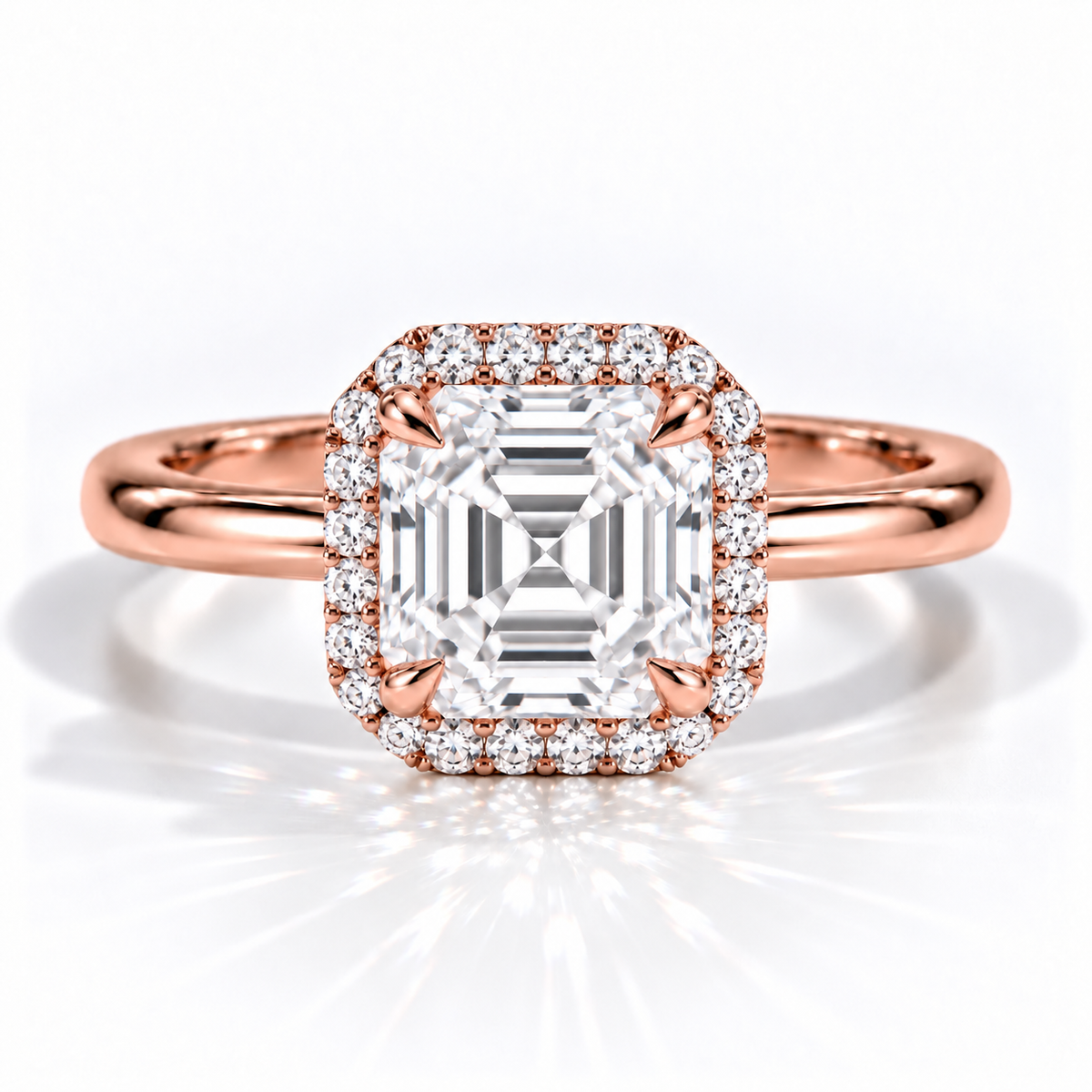 Asscher Halo-Verlobungsring aus Roségold mit Labordiamant