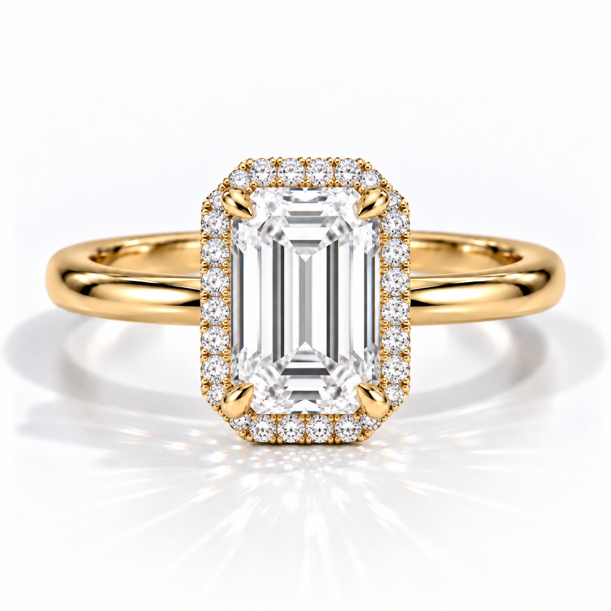 Emerald Halo-Verlobungsring aus Gelbgold mit rosafarbenem Labordiamant