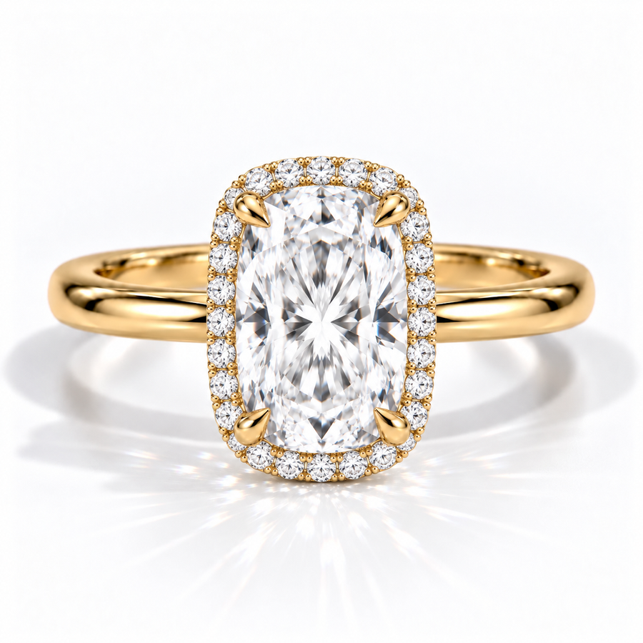Cushion Halo-Verlobungsring aus Gelbgold mit Labordiamant