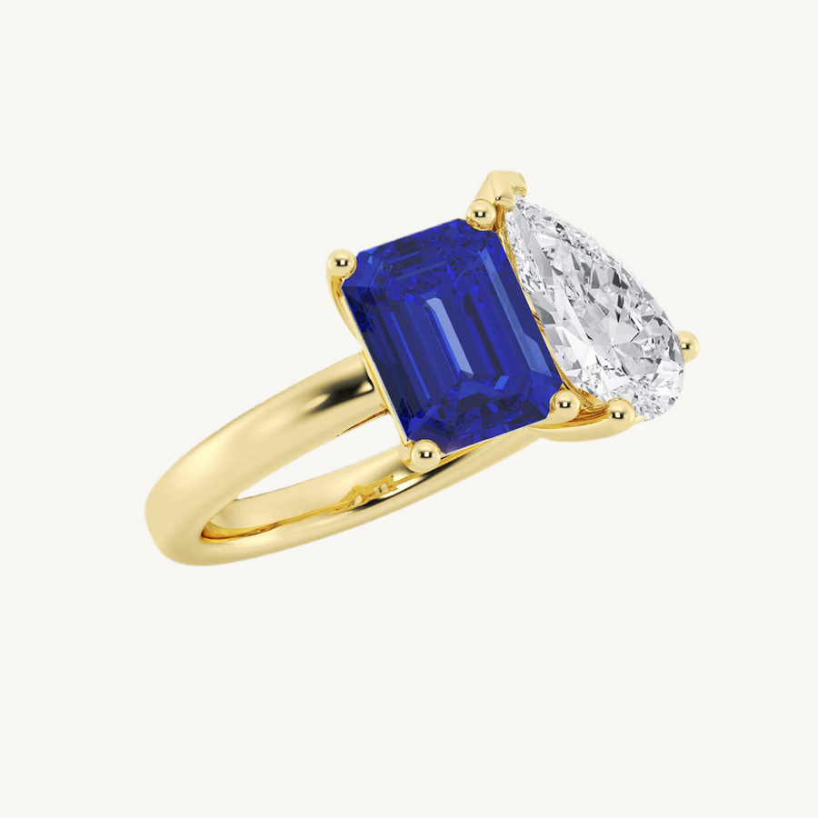 Toi-et-Moi-Ring aus 14 Karat Gelbgold mit laborgezüchtetem Saphir und Tropfen-Labordiamant
