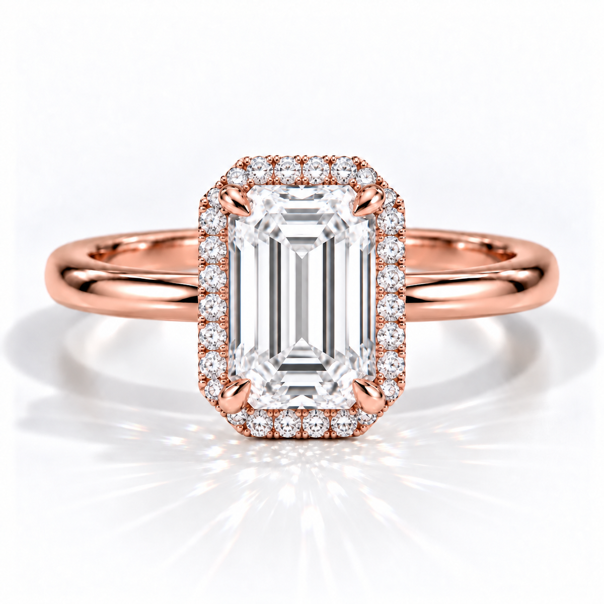 Emerald Halo-Verlobungsring aus Roségold mit rosafarbenem Labordiamant