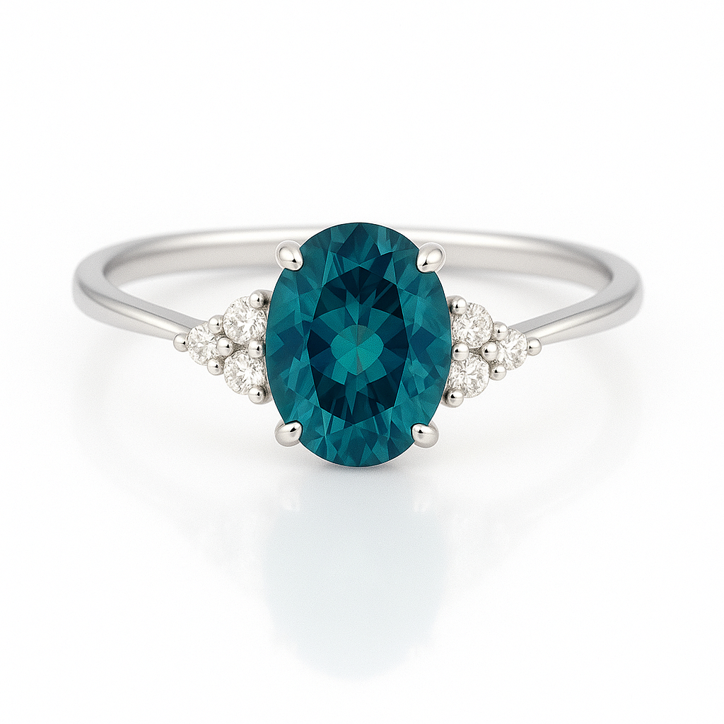 Feiner Weißgold-Ring mit ovalem blaugrünem Edelstein und funkelnden Diamanten – edler Verlobungsring in zeitlosem Stil.
