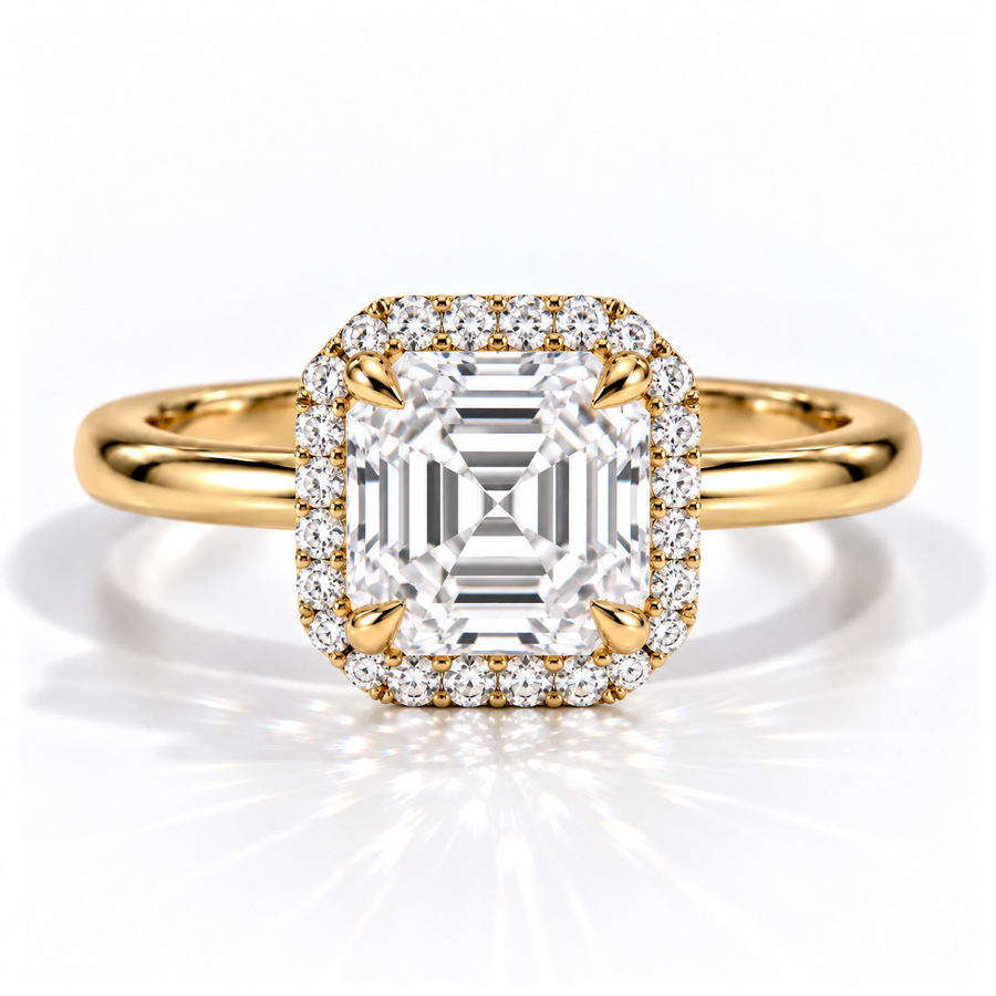 Asscher Halo-Verlobungsring aus Gelbgold mit Labordiamant