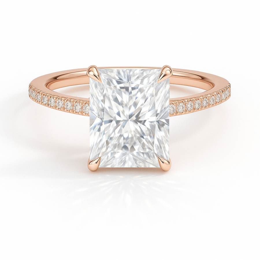 Radiant Verlobungsring aus 14 Karat Roségold mit Labordiamant und Pavé-Ringschiene
