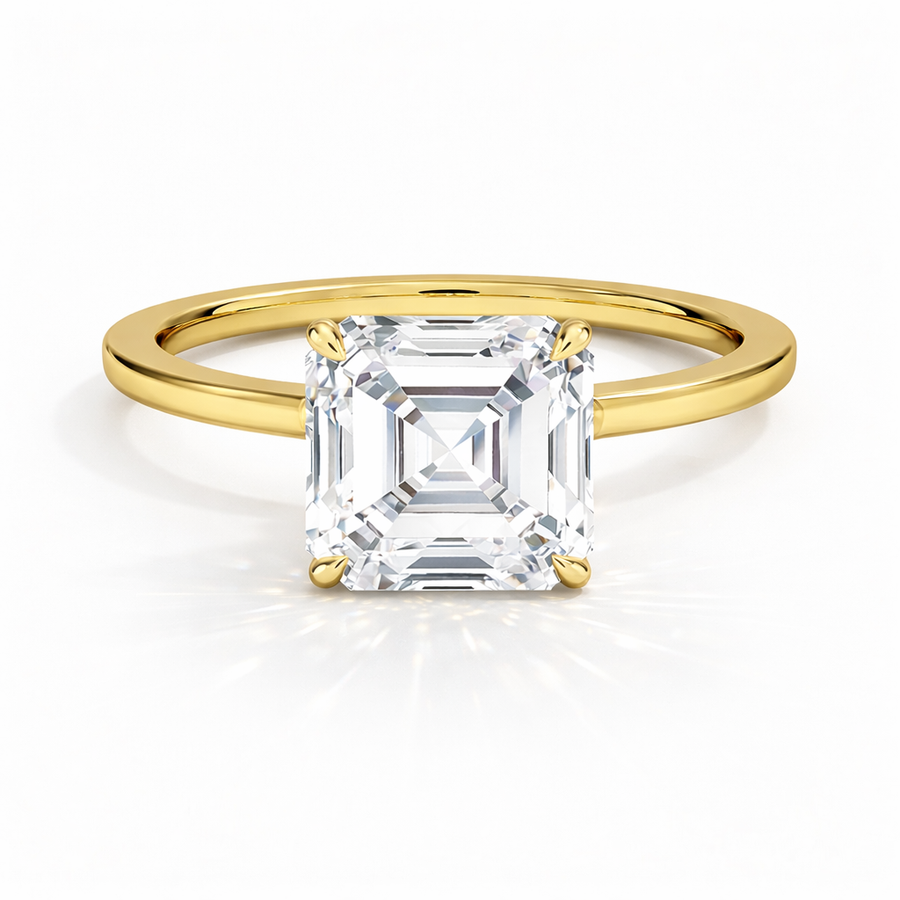 Asscher Verlobungsring aus 14 Karat Gelbgold mit Labordiamant und Tulpenfassung