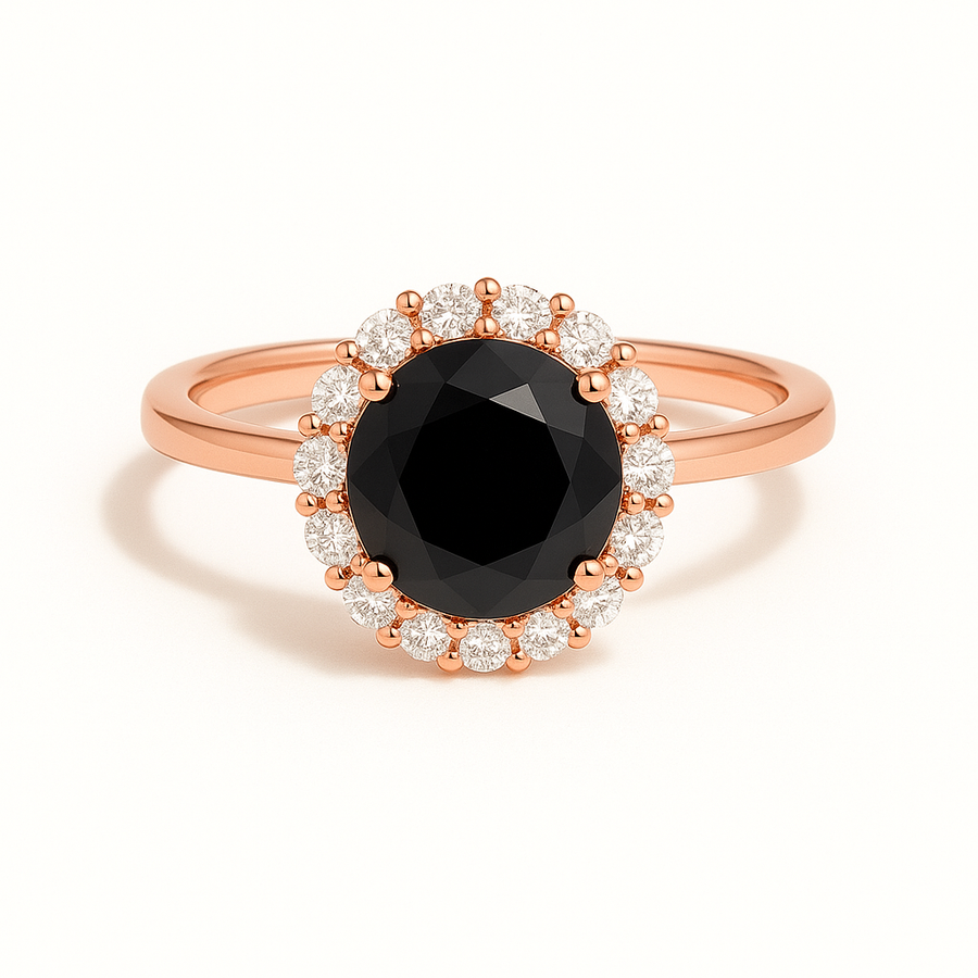 Runder Halo-Verlobungsring aus Roségold mit schwarzem Labordiamant