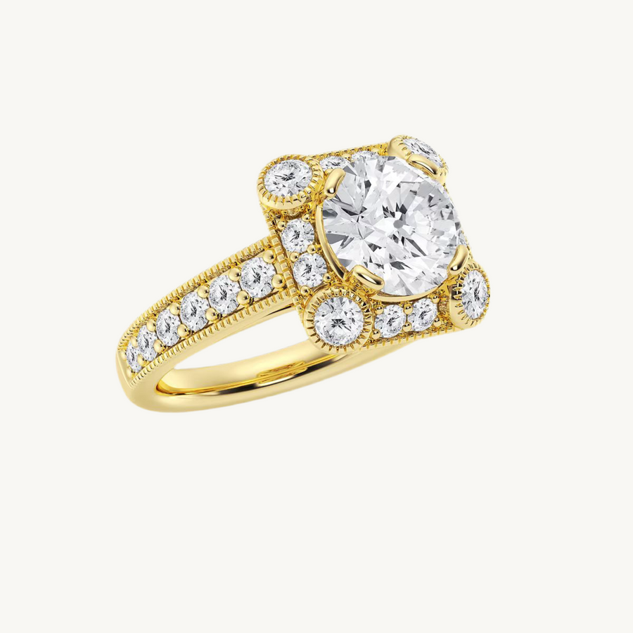 Runder Halo-Verlobungsring aus 14 Karat Gelbgold mit Labordiamant
