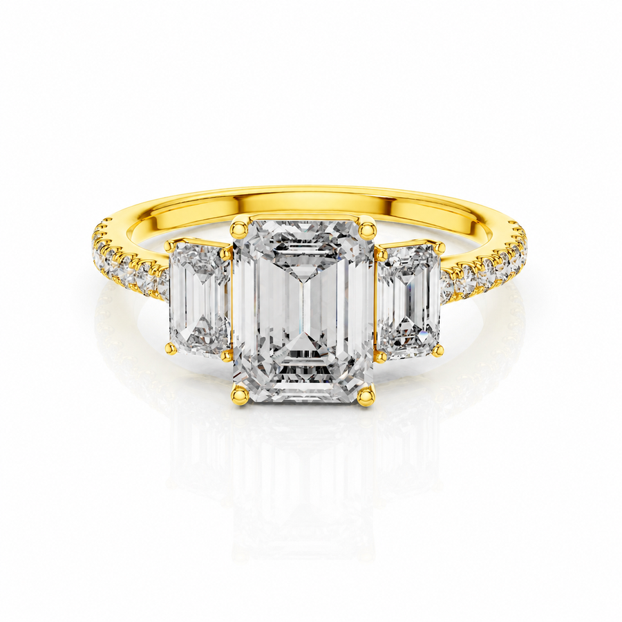 Emerald Dreistein-Verlobungsring aus 14 Karat Gelbgold mit Labordiamant
