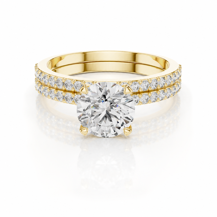 Runder Verlobungsring aus 14 Karat Gelbgold mit Labordiamant und Pavé-Ringschiene