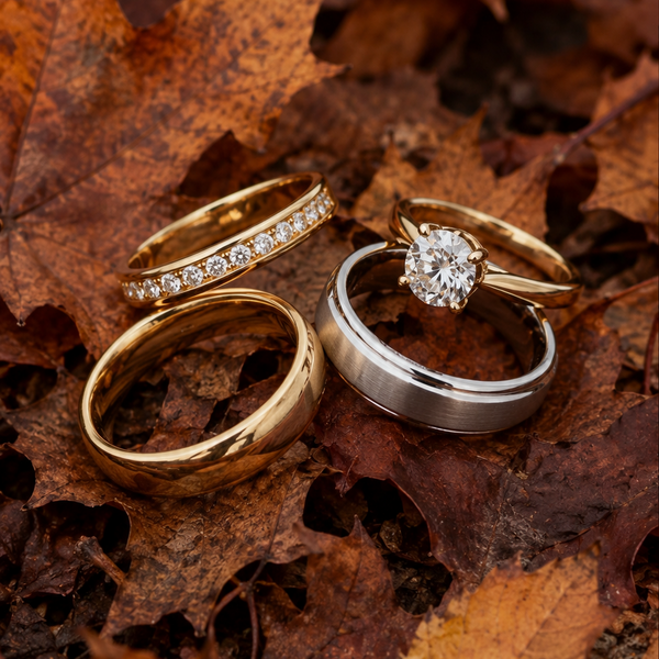 Diamantringe und Memoire-Ringe auf Herbstlaub