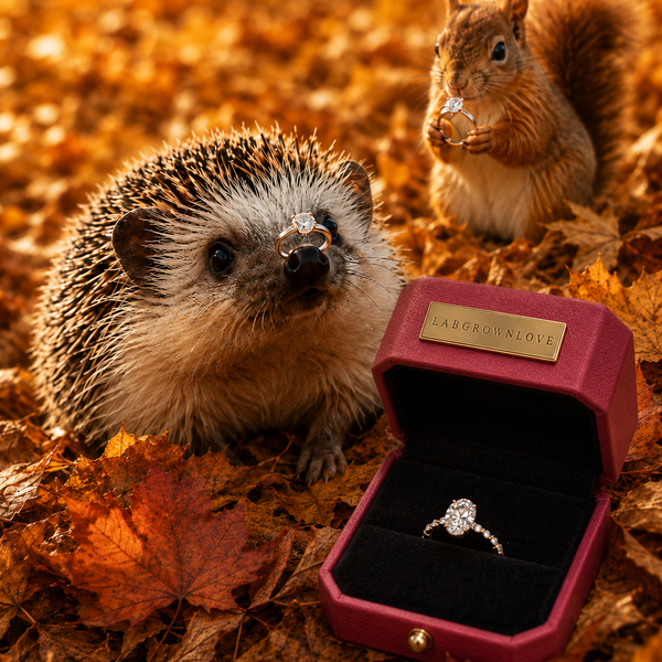 Igel und Eichhörnchen neben einer geöffneten Ringbox im Herbstlaub