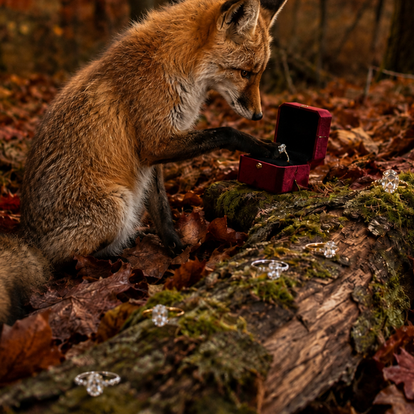 Fuchs neben einer geöffneten Ringbox im herbstlichen Wald