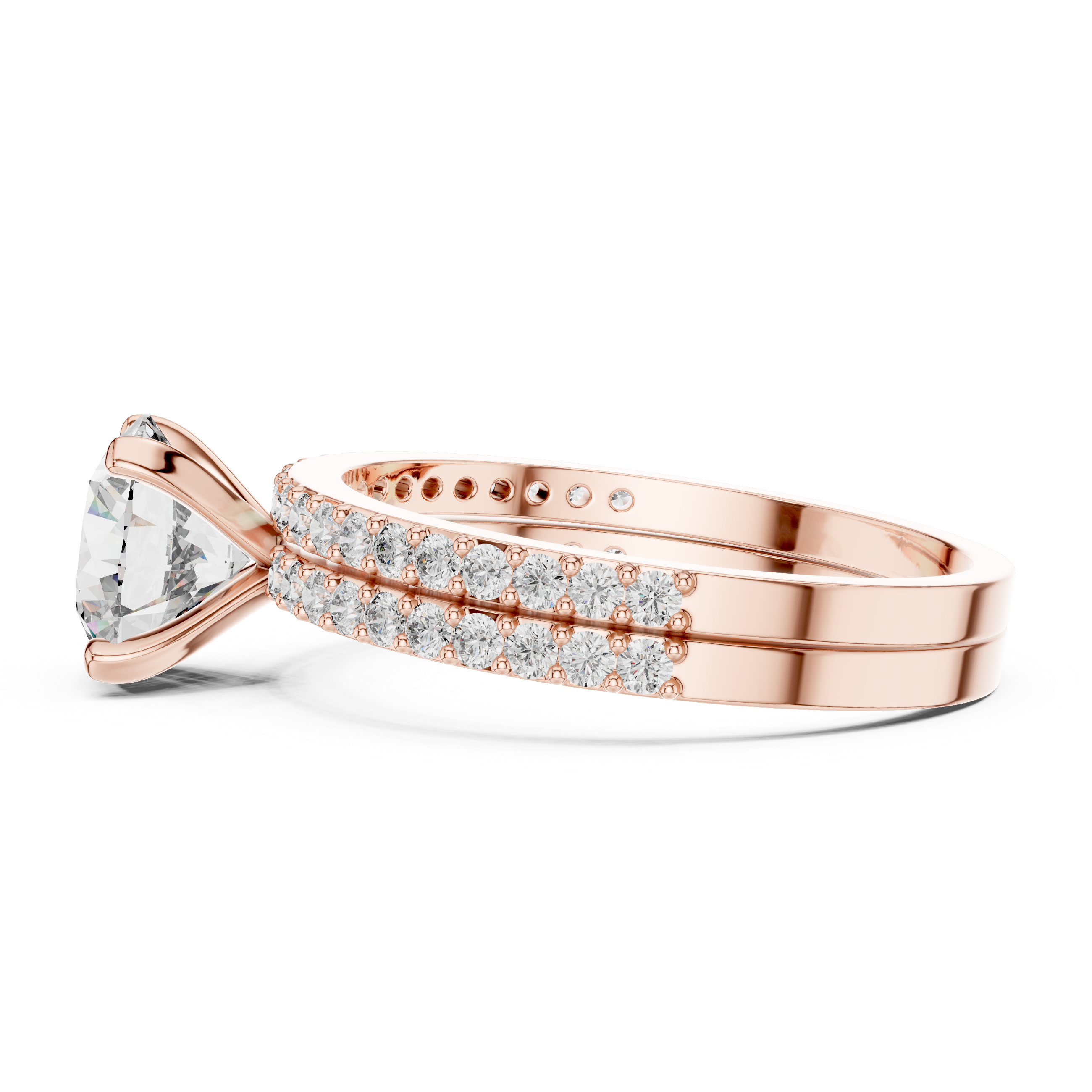 Diamond ring with clusters small diamonds in rose gold side view
