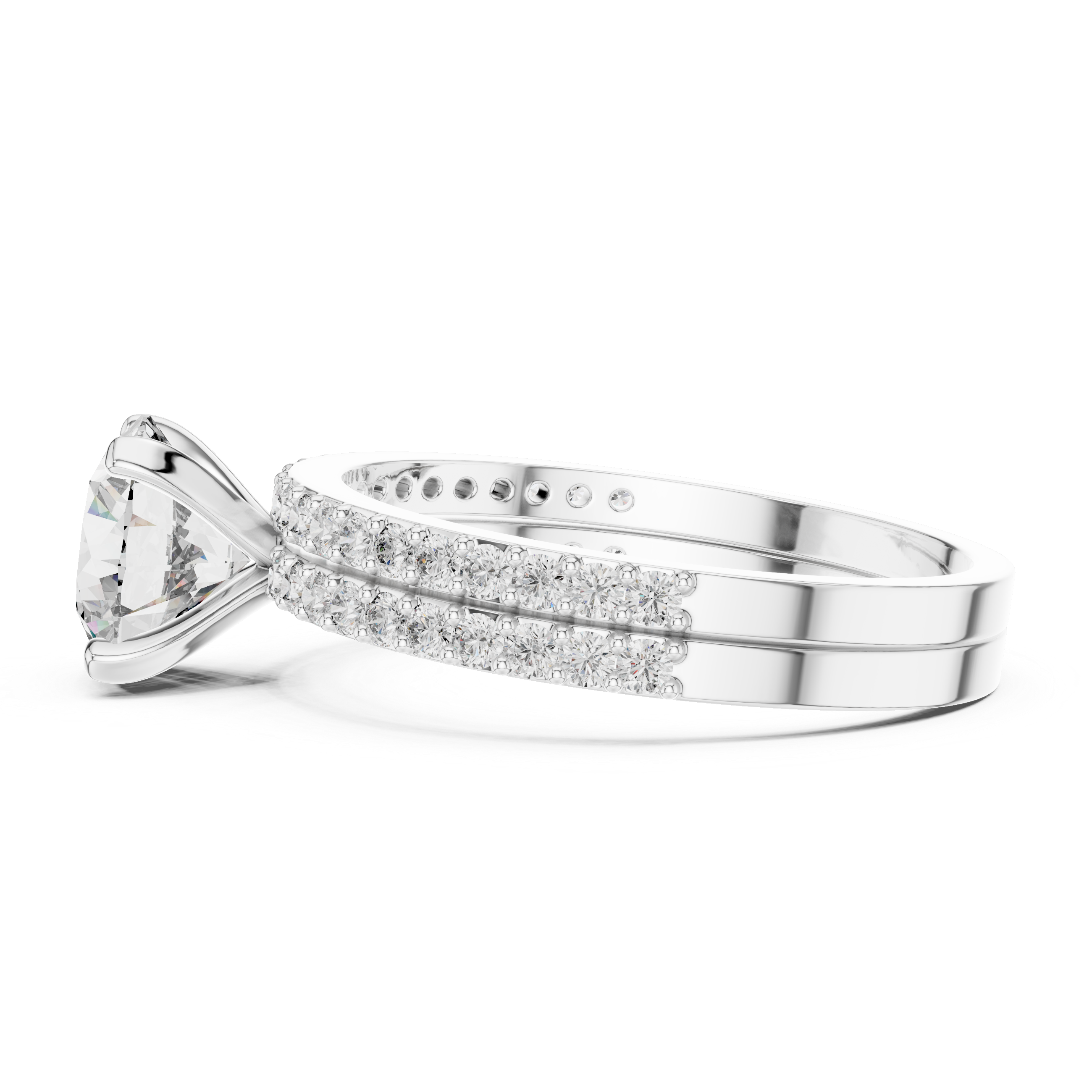 Diamond ring with clusters small diamonds in silver side view