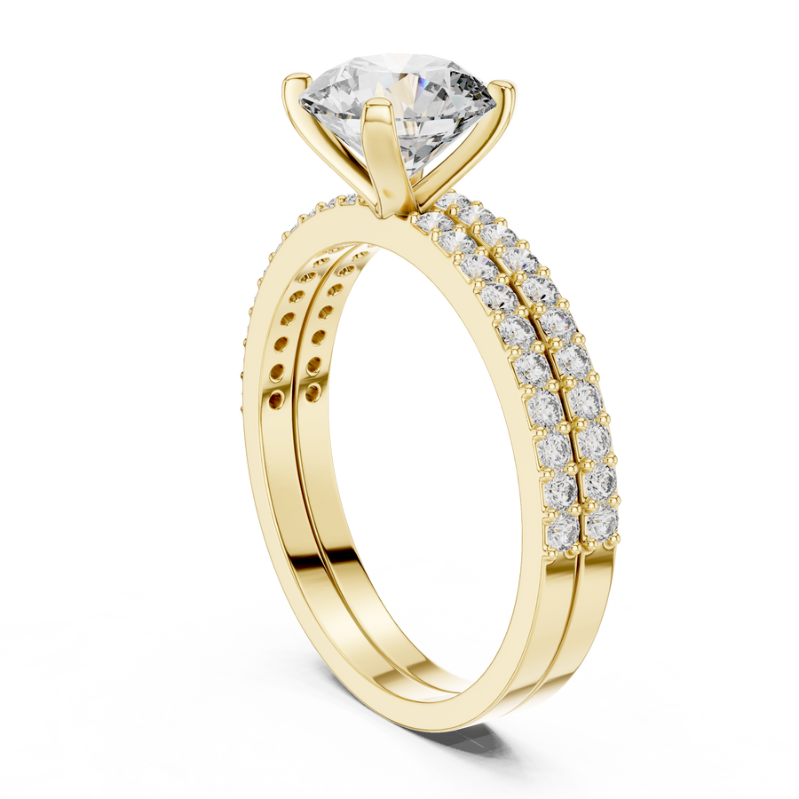 Seitenansicht: Runder Verlobungsring aus 14 Karat Gelbgold mit Labordiamant und Pavé-Ringschiene