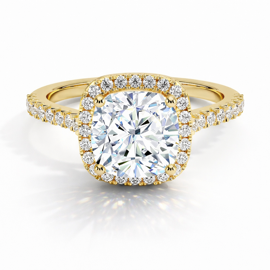 Cushion Halo-Verlobungsring aus 14 Karat Gelbgold mit Labordiamant und Hidden Halo