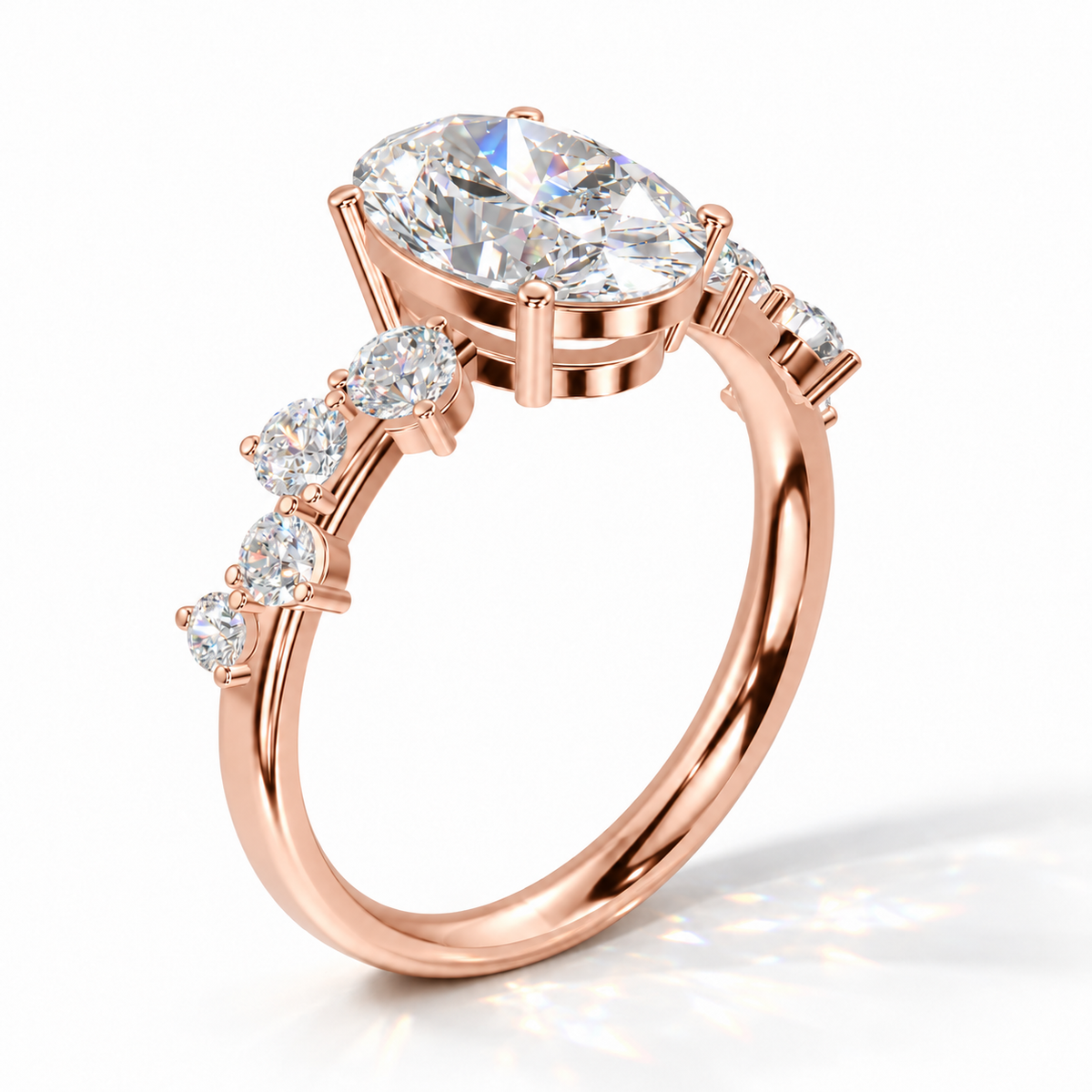 Florida Oval Cluster Verlobungsring in Roségold mit Labordiamanten – Dreiviertelansicht
