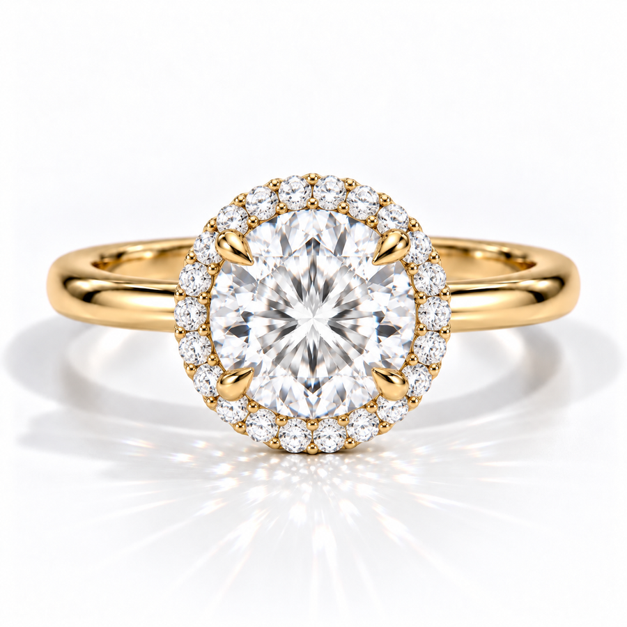 Runder Halo-Verlobungsring aus Gelbgold mit Labordiamant