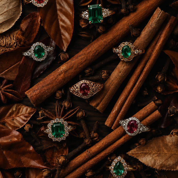 Ringe mit grünen und roten Edelsteinen zwischen Zimt und Sternanis