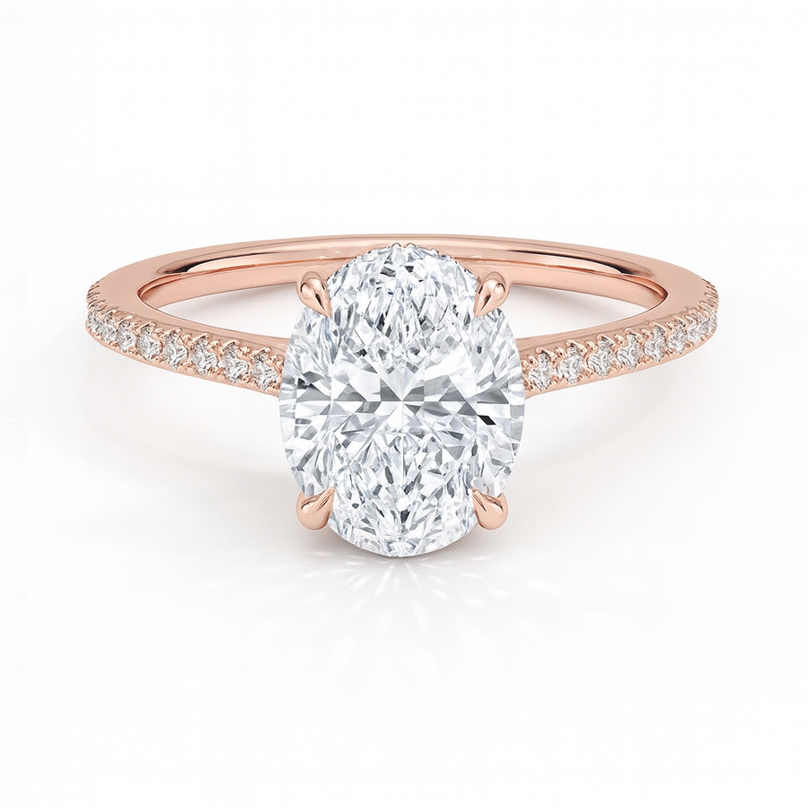 Ovaler Verlobungsring aus 14 Karat Roségold mit Labordiamant und Pavé-Ringschiene und Hidden Halo