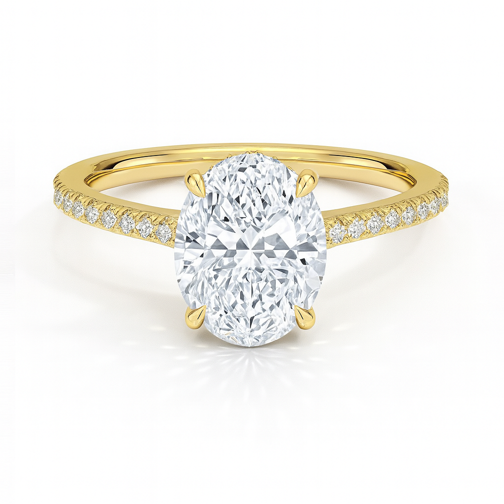 Scarlett Oval Pavé hidden Halo Verlobungsring aus 14k Gelbgold mit einem funkelnden, laborgezüchteten Diamanten – handgefertigt, nachhaltig, von Labgrownlove