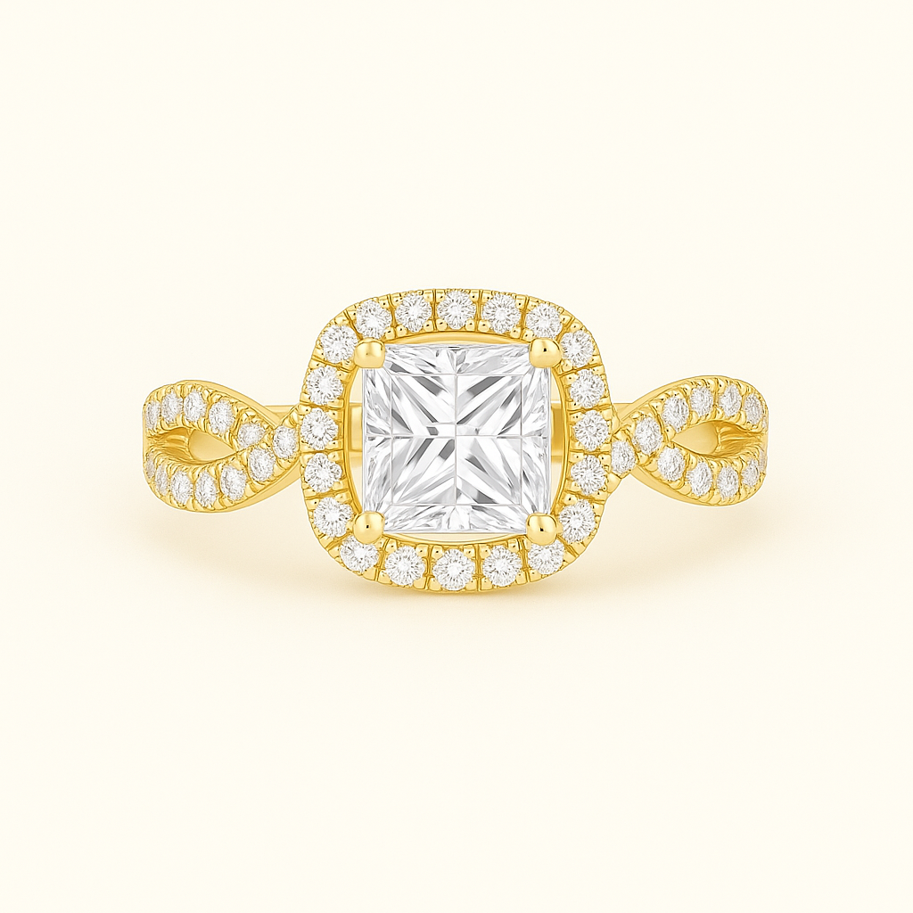 „Luna“ Halo Princess Lab grown Diamant Verlobungsring Ringe Lab Diamond Labgrownlove Handgefertigt Jetzt einkaufen gelb