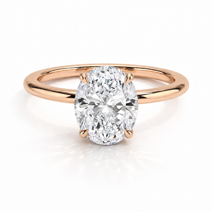 Ovaler Verlobungsring aus Roségold mit Labordiamant und Hidden Halo und Galerieschiene