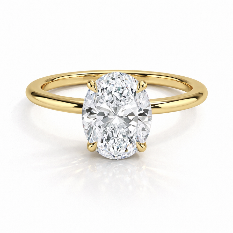 Ovaler Verlobungsring aus Gelbgold mit Labordiamant und Hidden Halo und Galerieschiene