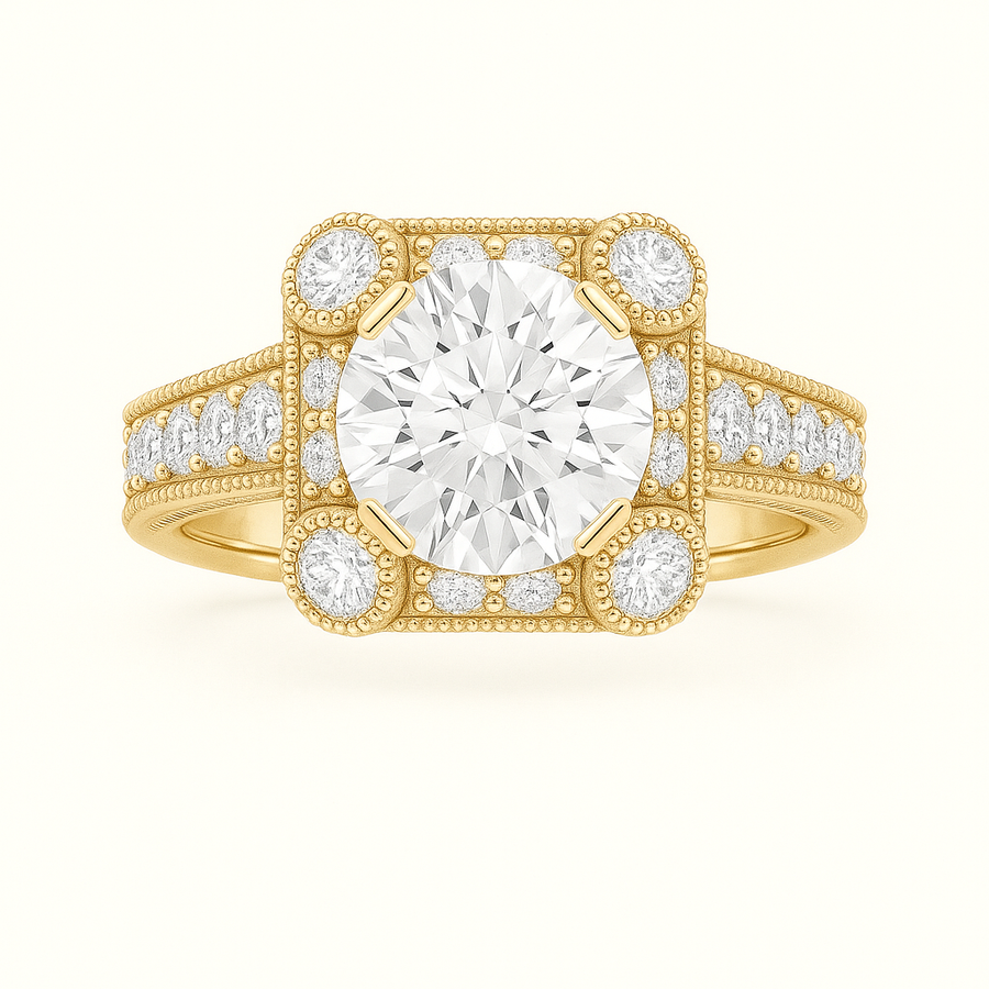 Runder Halo-Verlobungsring aus 14 Karat Gelbgold mit Labordiamant