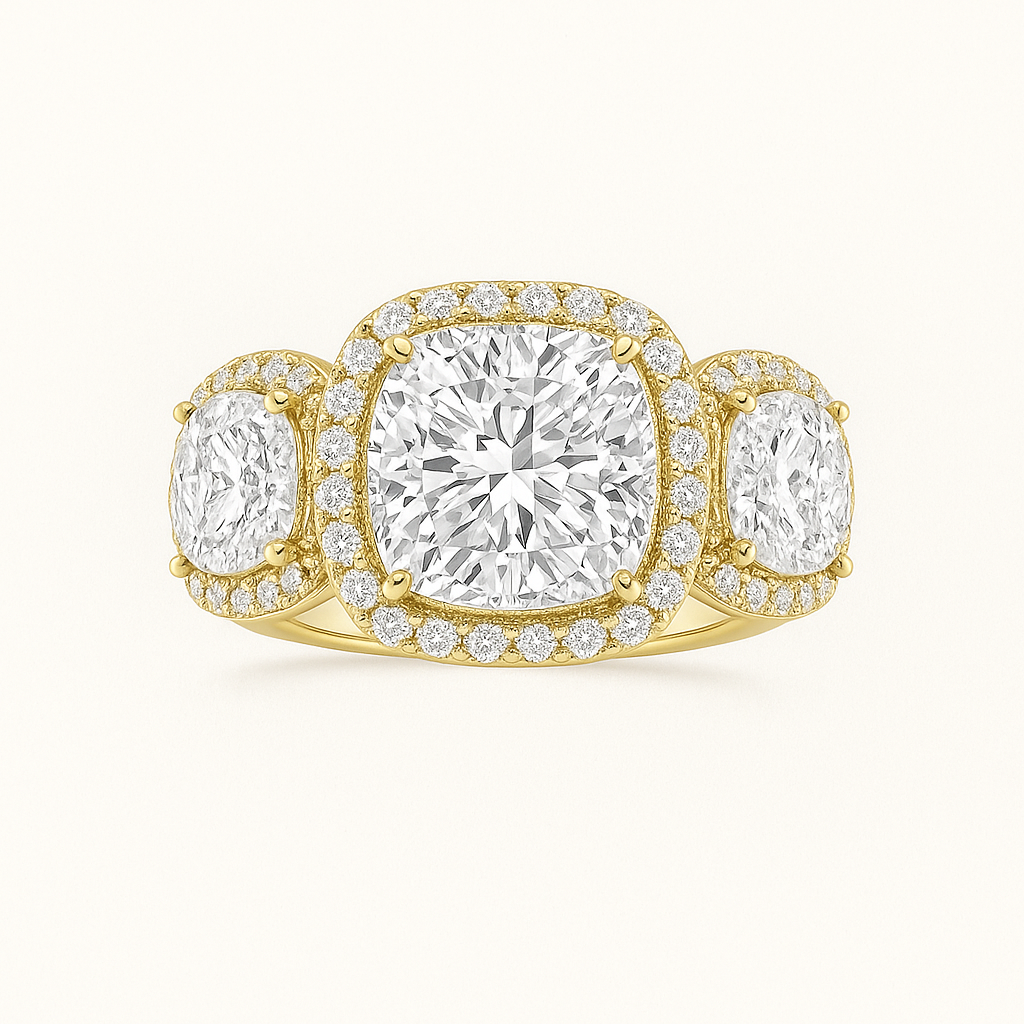 „Maya“ Kissen Lab grown Diamant Ringe Lab Diamond Labgrownlove Handgefertigt Jetzt einkaufen drei stein halo diamant