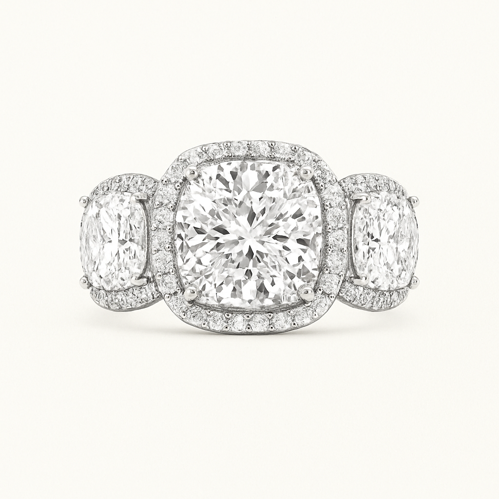 „Maya“ Kissen Lab grown Diamant Ringe Lab Diamond Labgrownlove Handgefertigt Jetzt einkaufen drei stein diamant ring