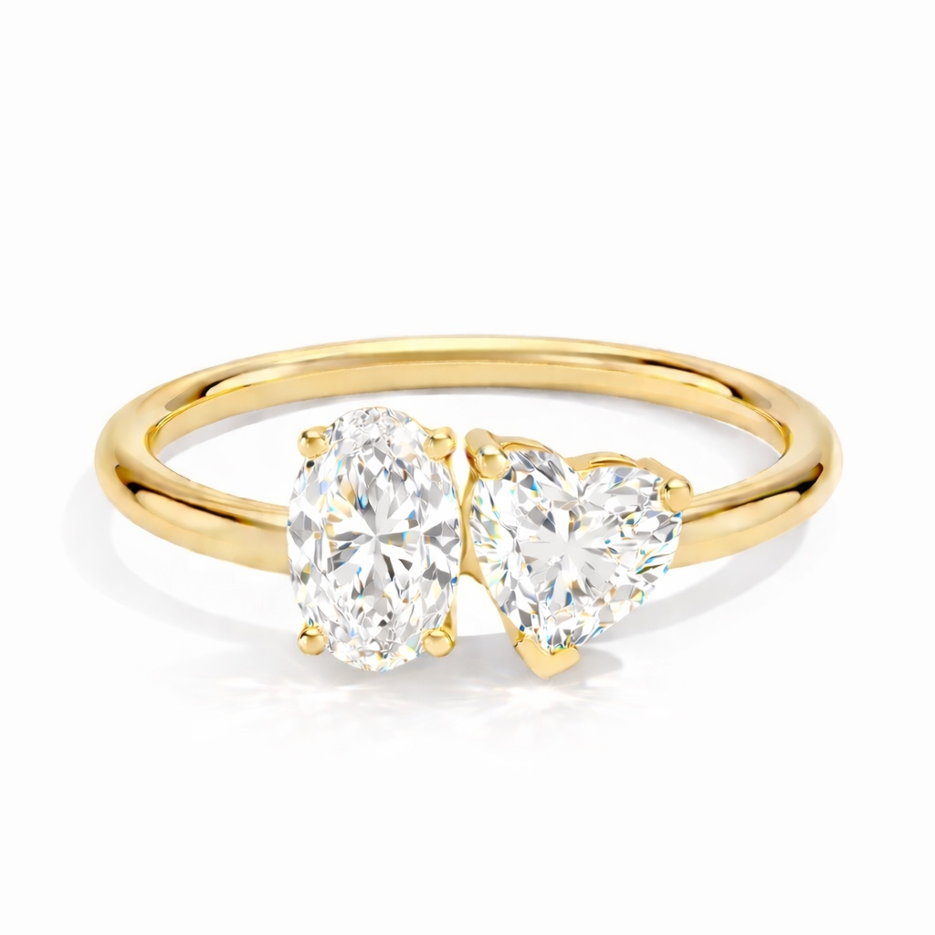 Toi-et-Moi Ring aus Gelbgold mit ovalem und herzförmigem laborgzüchtetem Diamanten, elegantes modernes Design