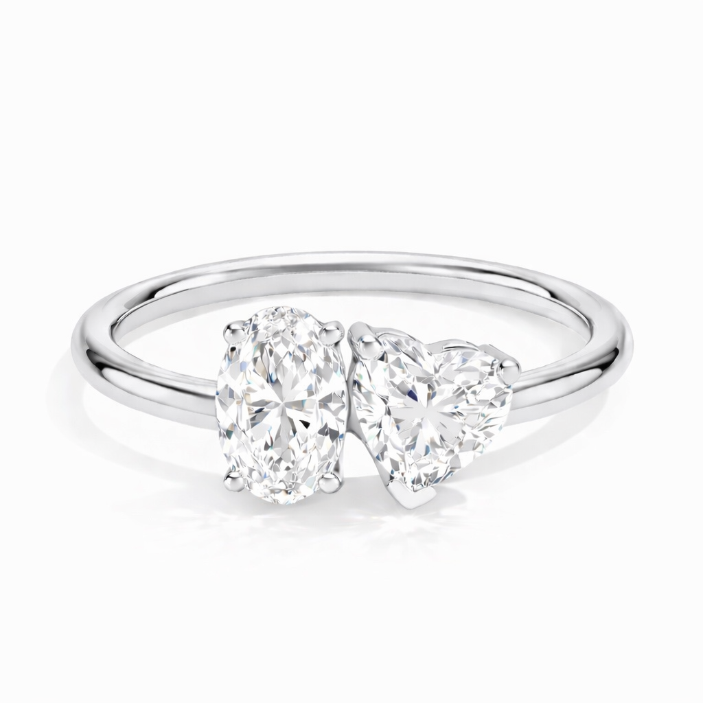Toi-et-Moi Ring aus Weissgold mit ovalem und herzförmigem laborgzüchtetem Diamanten, elegantes modernes Design
