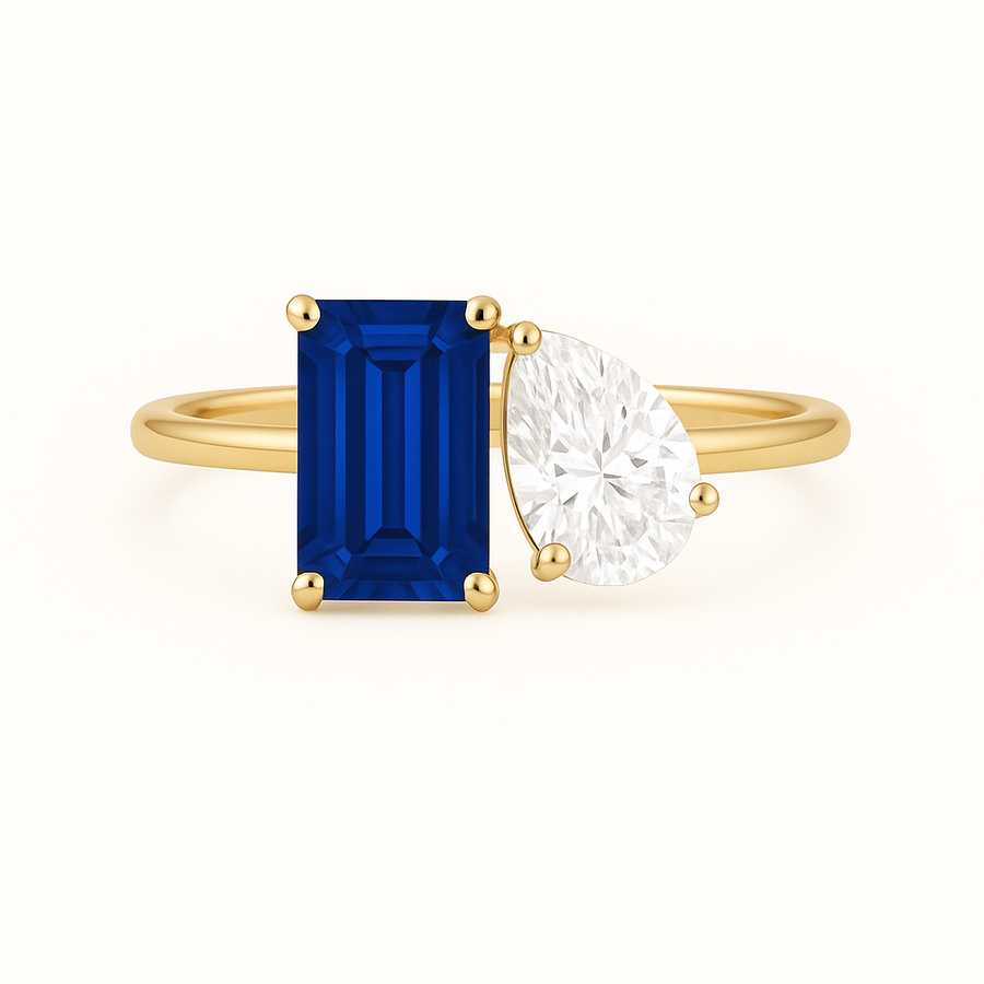 Toi-et-Moi-Ring aus 14 Karat Gelbgold mit laborgezüchtetem Saphir und Tropfen-Labordiamant