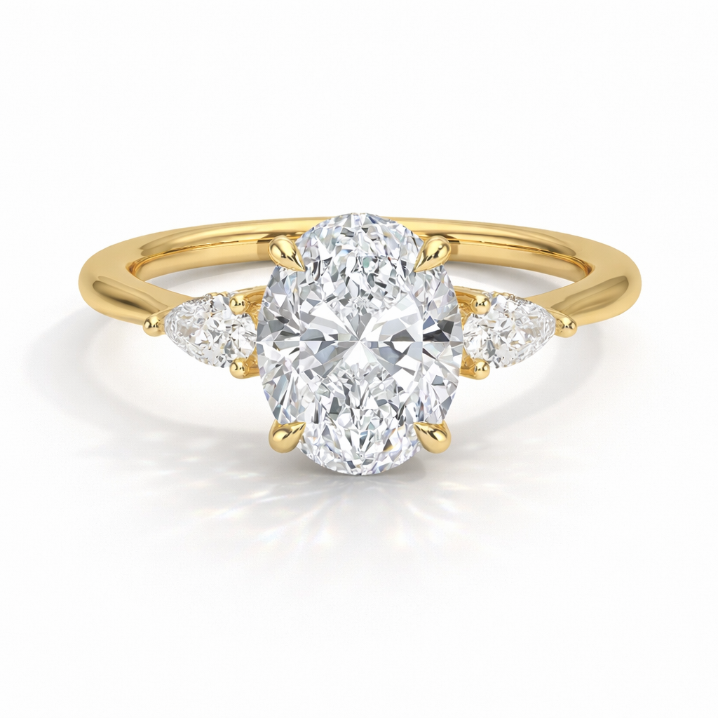 Carmen Oval Threestone Verlobungsring aus 18k Gelbgold mit einem funkelnden, laborgezüchteten Diamanten – handgefertigt, nachhaltig, von Labgrownlove