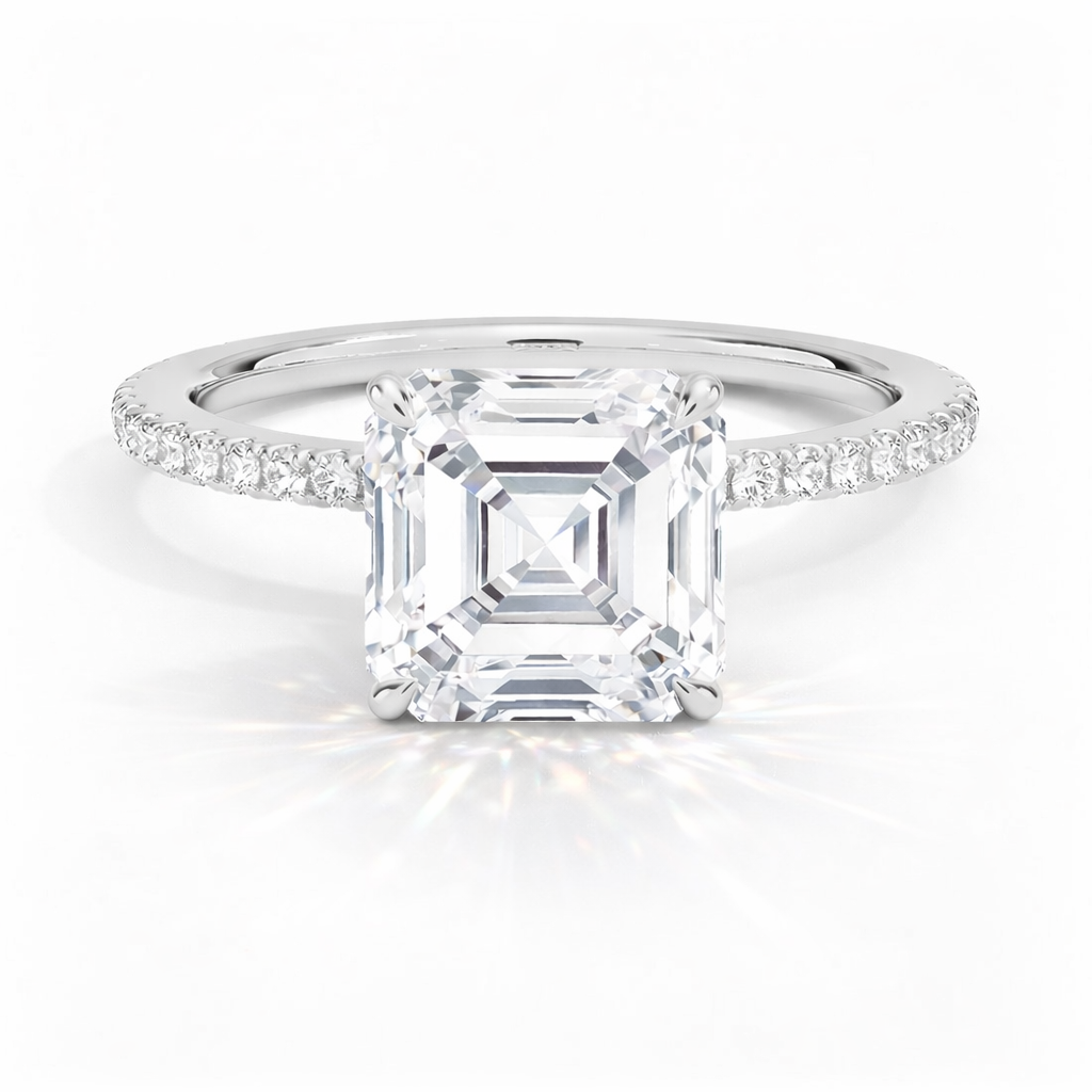 Taylor - Asscher Pavé Verlobungsring aus 14k Weißgold mit einem funkelnden, laborgezüchteten Diamanten - handgefertigt & nachhaltig - von Labgrownlove 