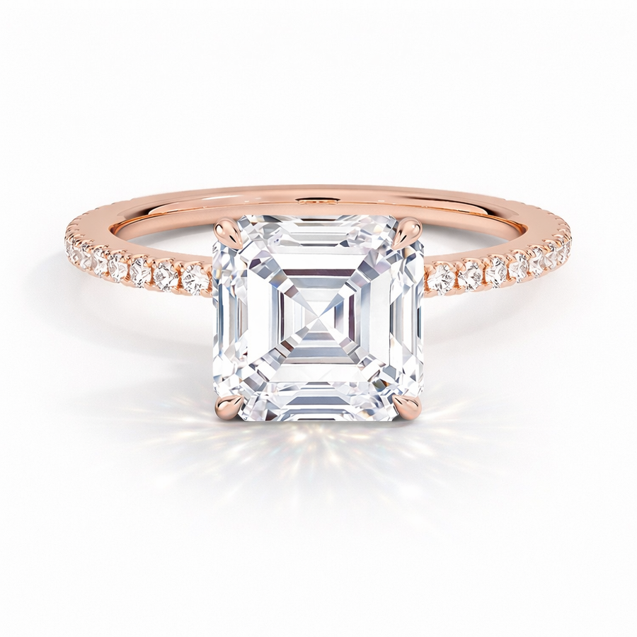 Asscher Verlobungsring aus 14 Karat Roségold mit Labordiamant und Pavé-Ringschiene und Hidden Halo